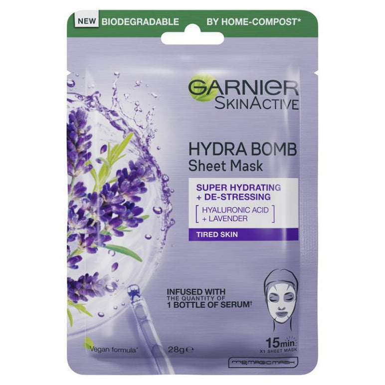 Garnier Hydra Bomb Hyaluronic Acid + Lavender Sheet Mask front image on Livehealthy HK imported from Australia