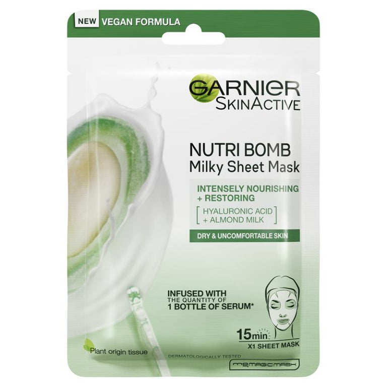 Garnier Nutri Bomb Milky Sheet Mask Hyluronic Acid + Almond Milk front image on Livehealthy HK imported from Australia