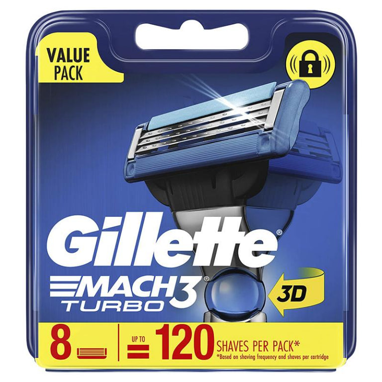 Gillette Mach 3 Turbo 3D Cartridges 8 Pack front image on Livehealthy HK imported from Australia