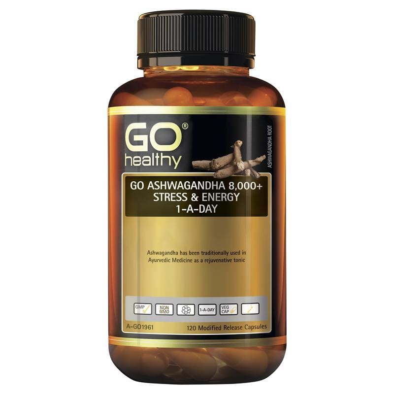 GO Healthy Ashwagandha 8000+ Stress & Energy 1-a-day 120 Vege Capsules front image on Livehealthy HK imported from Australia