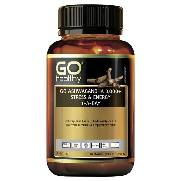GO Healthy Ashwagandha 8000+ Stress & Energy 1-a-day 60 Vege Capsules front image on Livehealthy HK imported from Australia