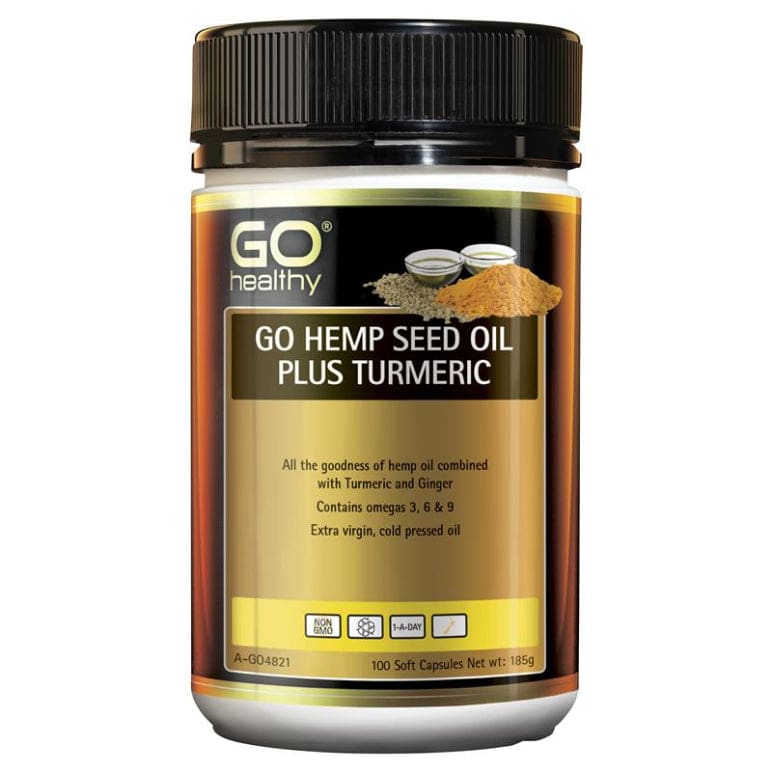 GO Healthy Hemp Seed Oil Plus Turmeric 100 SoftGel Capsules front image on Livehealthy HK imported from Australia