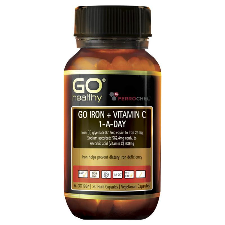 GO Healthy Iron + Vit C 500mg 30 Vege Capsules front image on Livehealthy HK imported from Australia