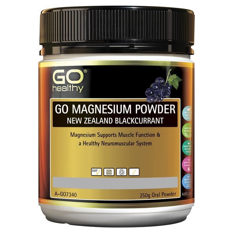 GO Healthy Magnesium Powder New Zealand Blackcurrant 250g front image on Livehealthy HK imported from Australia