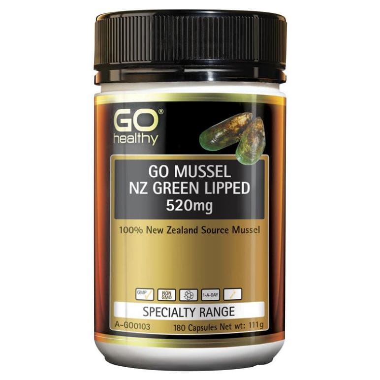 GO Healthy GO Mussel NZ Green Lipped Mussel 520mg 180 Capsules front image on Livehealthy HK imported from Australia