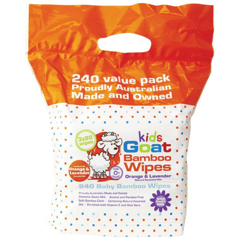 Goat Kids Bamboo Wipes Orange & Lavender 240 Pack front image on Livehealthy HK imported from Australia