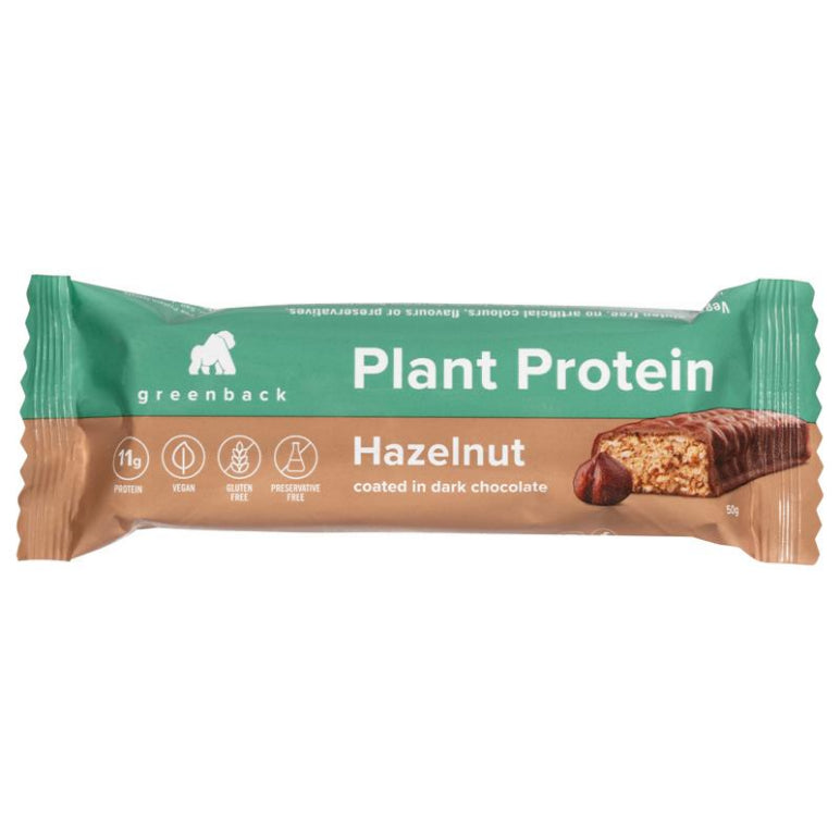 Greenback Plant Protein Bar Hazelnut 50g front image on Livehealthy HK imported from Australia