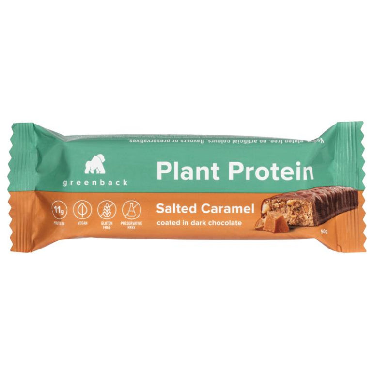 Greenback Plant Protein Bar Salted Caramel 50g front image on Livehealthy HK imported from Australia