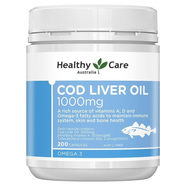 Healthy Care Cod Liver Oil 1000mg 200 Softgel Capsules front image on Livehealthy HK imported from Australia