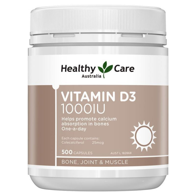 Healthy Care Vitamin D3 1000IU 500 Capsules front image on Livehealthy HK imported from Australia