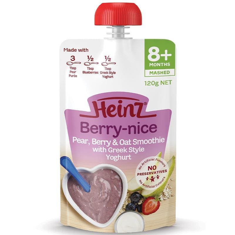Heinz Pear Berry & Oat Smoothie with Greek style Yoghurt Pouch 120g 8m+ front image on Livehealthy HK imported from Australia