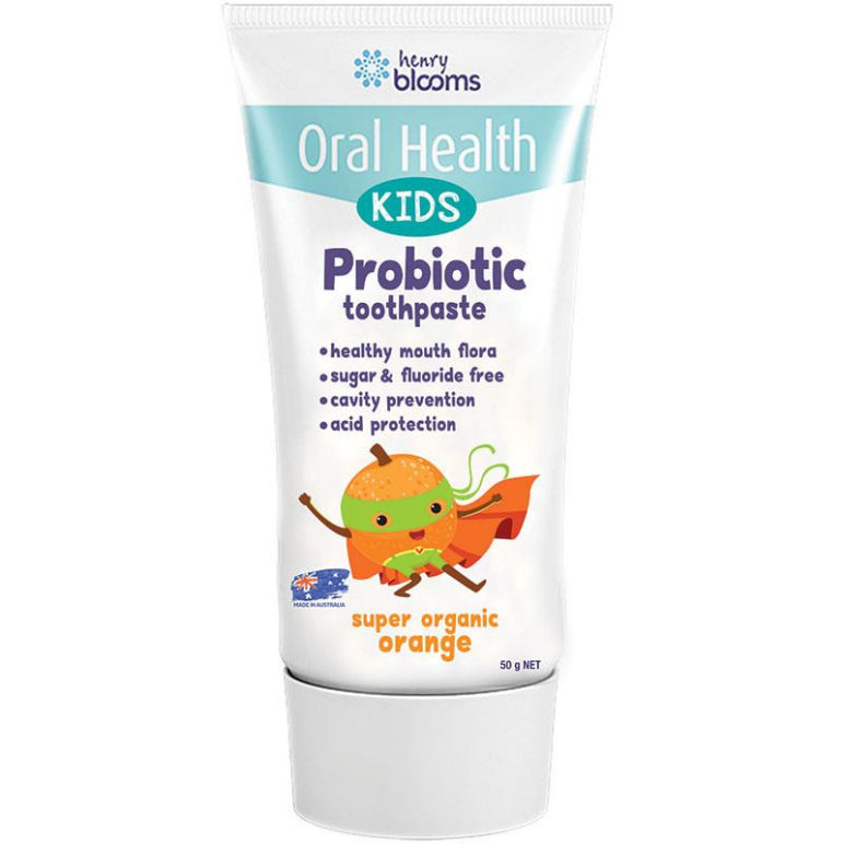 Henry Blooms Kids Probiotic Toothpaste Organic Orange 50g front image on Livehealthy HK imported from Australia