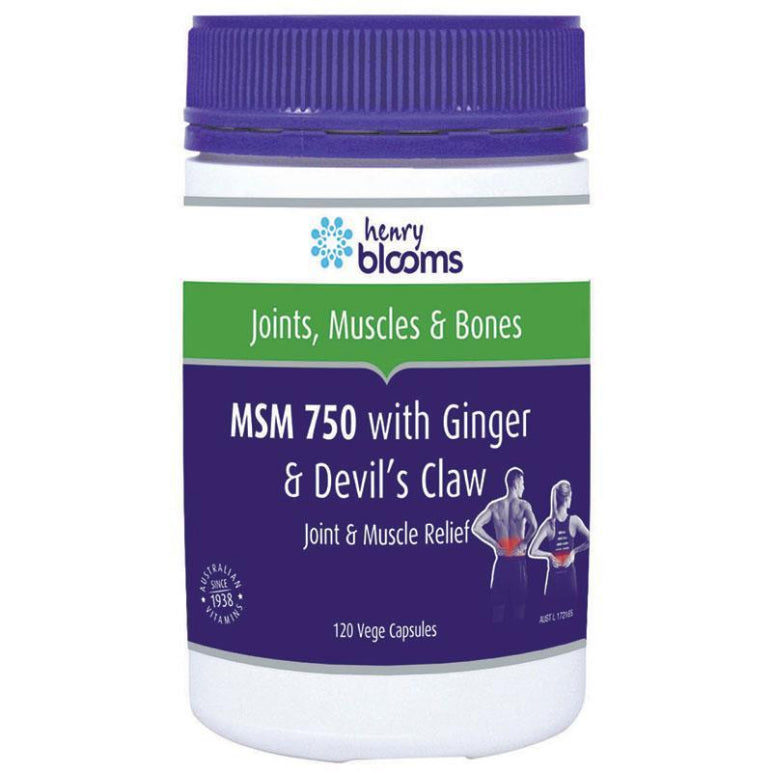 Henry Blooms MSM 750 with Ginger 1000mg & Devils Claw 120 Vegetarian Capsules front image on Livehealthy HK imported from Australia