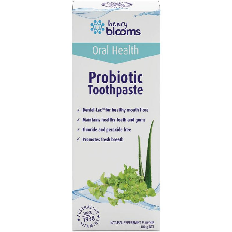 Henry Blooms Probiotic Toothpaste Peppermint 100g front image on Livehealthy HK imported from Australia