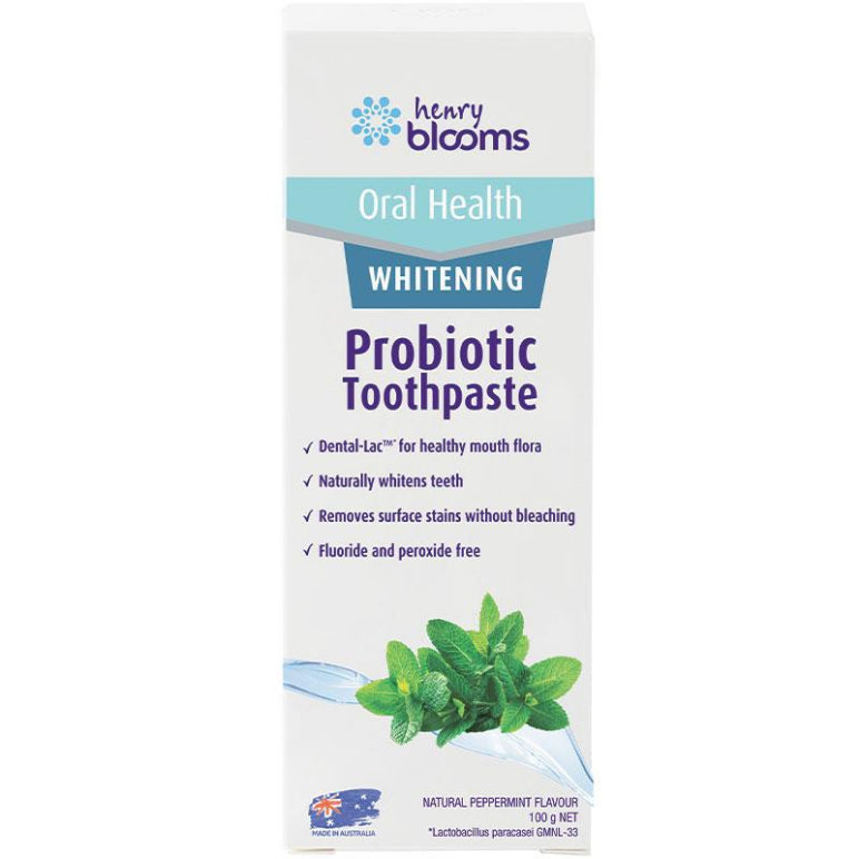 Henry Blooms Probiotic Toothpaste Peppermint Whitening 100g front image on Livehealthy HK imported from Australia
