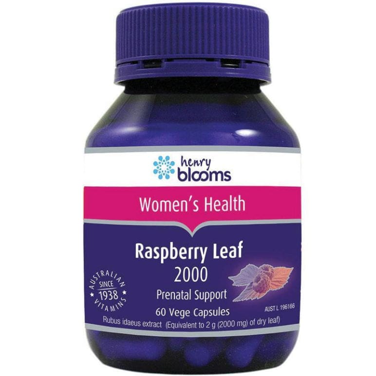 Henry Blooms Raspberry Leaf 2000mg 60 Vege Capsules front image on Livehealthy HK imported from Australia