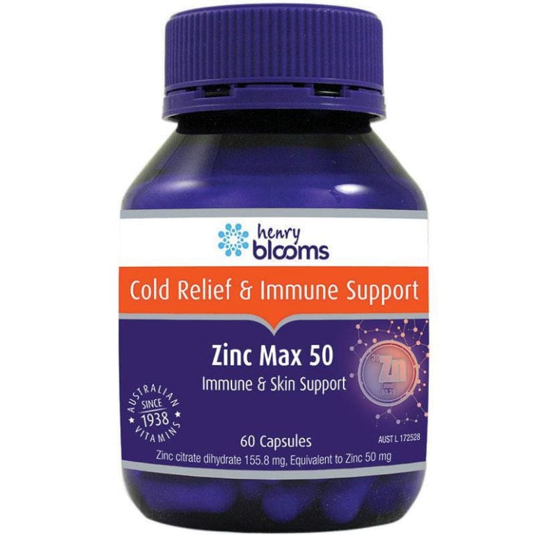Henry Blooms Zinc Max 50mg (elemnental) 60 Capsules front image on Livehealthy HK imported from Australia