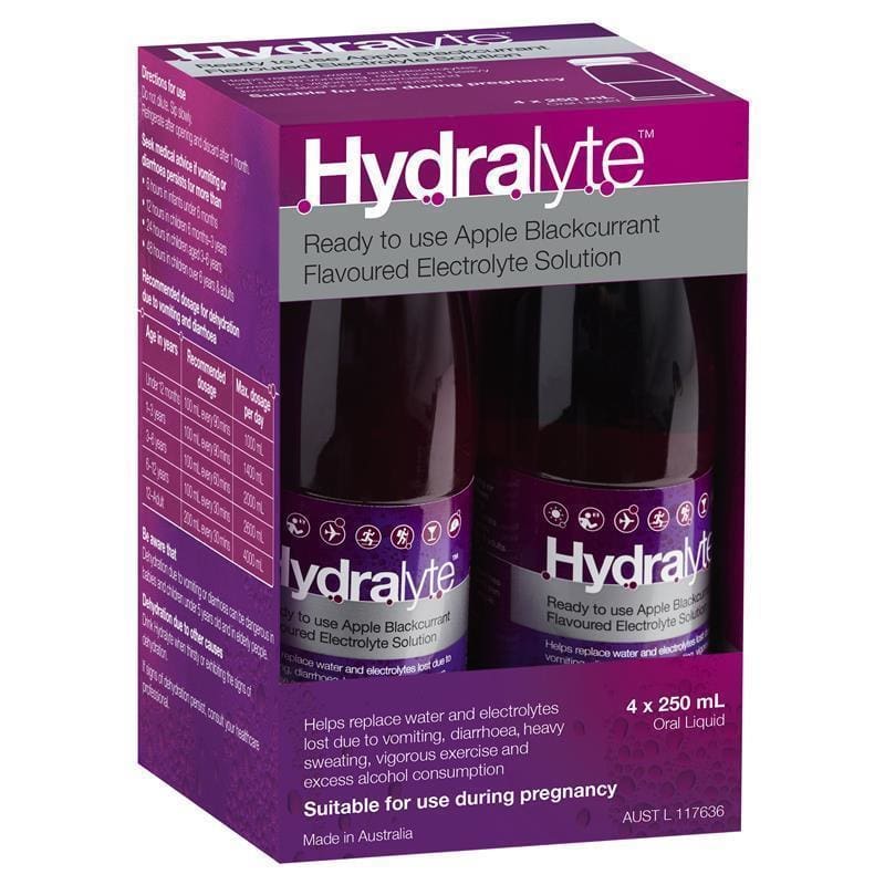 Hydralyte Electrolyte Apple Blackcurrant 4 Pack (4x250ml) Solution front image on Livehealthy HK imported from Australia
