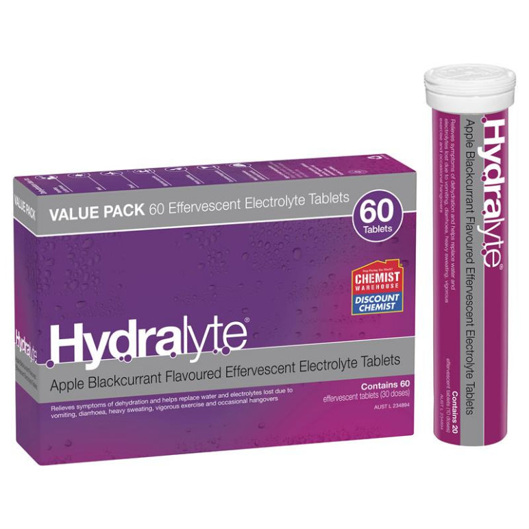Hydralyte Electrolyte Effervescent Apple Blackcurrant 60 Tablets front image on Livehealthy HK imported from Australia