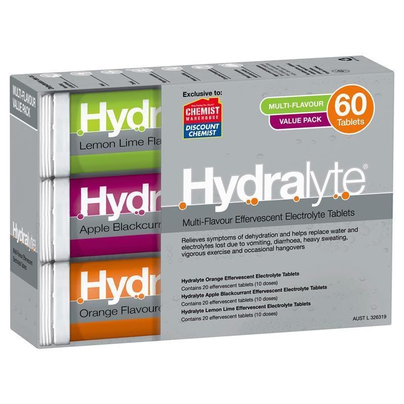 Hydralyte Electrolyte Effervescent Multi-Flavour 60 Tablets front image on Livehealthy HK imported from Australia