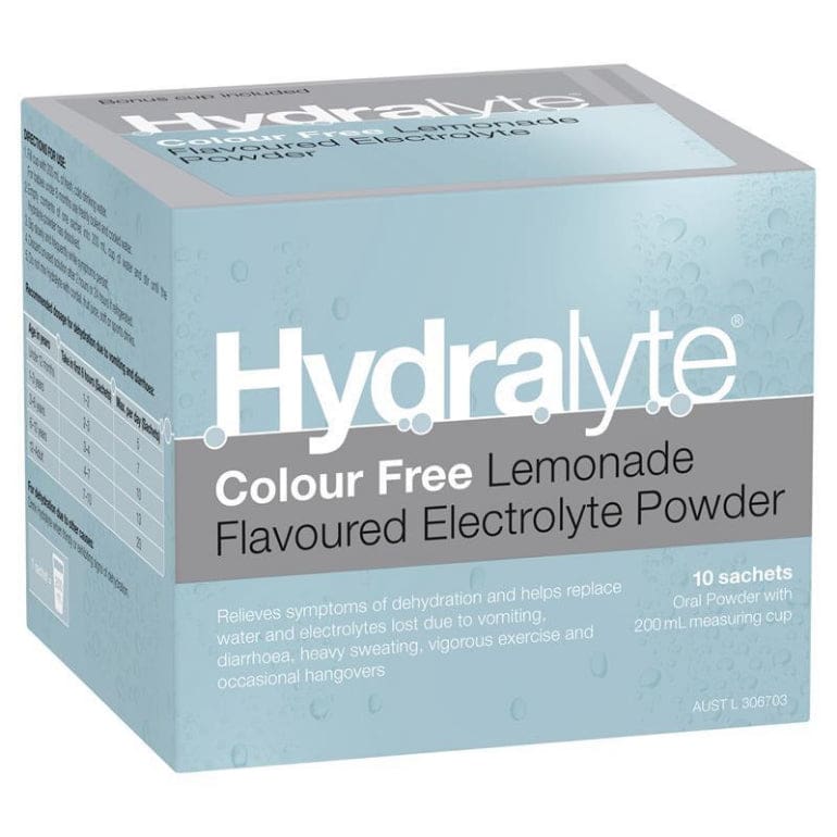 Hydralyte Electrolyte Powder Colour Free Lemonade 4.9g x 10 front image on Livehealthy HK imported from Australia