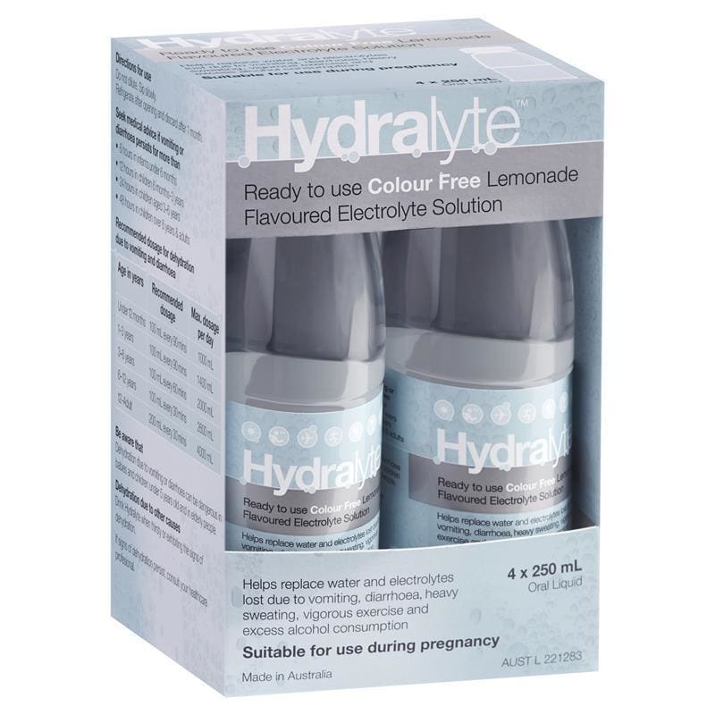 Hydralyte Liquid Colour Free Lemonade Flavoured (4x250ml) Solution front image on Livehealthy HK imported from Australia