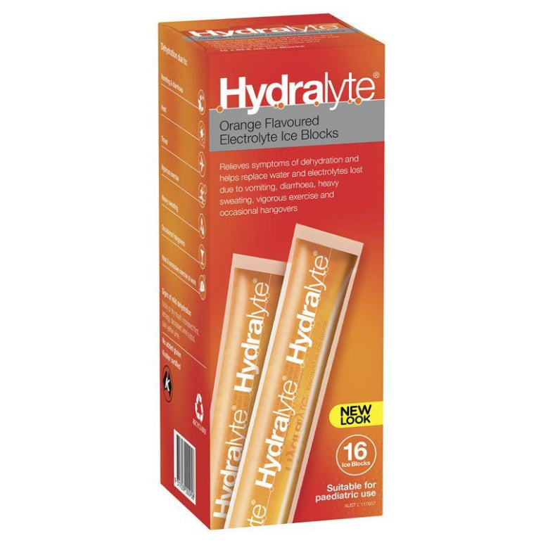 Hydralyte Rehydration Orange Flavoured Ice Blocks 16 Pack front image on Livehealthy HK imported from Australia
