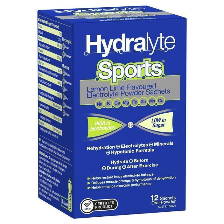 Hydralyte Sports Lemon/Lime 12 Sachet front image on Livehealthy HK imported from Australia