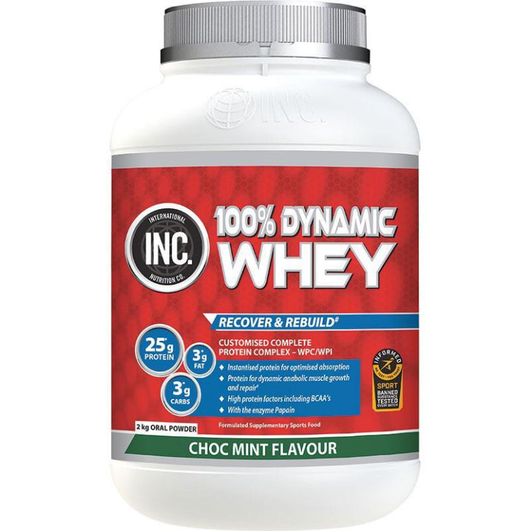 INC 100 Dynamic Whey Choc Mint Flavour 2kg front image on Livehealthy HK imported from Australia