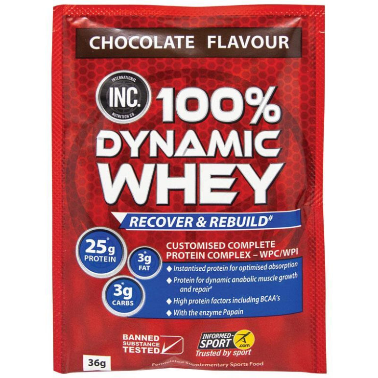 INC 100% Dynamic Whey Chocolate 36g Single Serve Sachet front image on Livehealthy HK imported from Australia