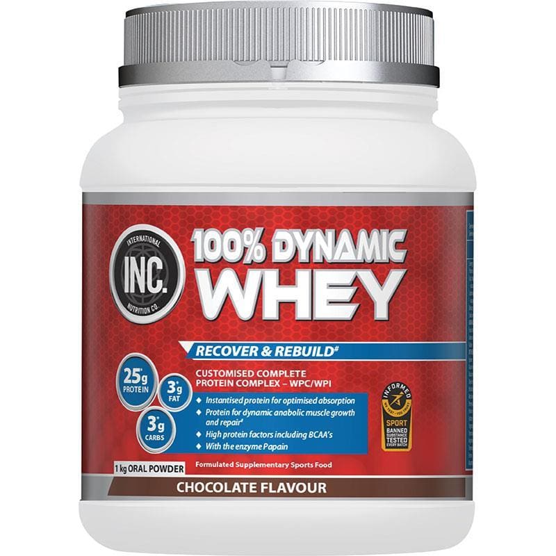 INC 100 Dynamic Whey Chocolate Flavour 1kg front image on Livehealthy HK imported from Australia
