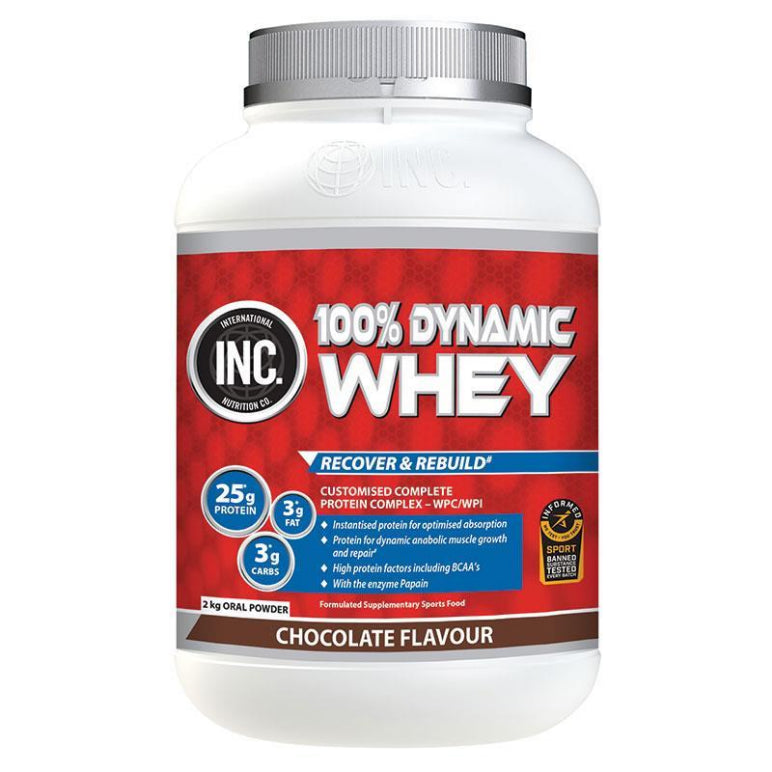 INC 100 Dynamic Whey Chocolate Flavour 2kg front image on Livehealthy HK imported from Australia