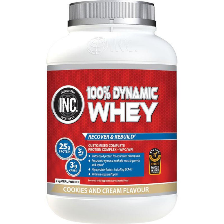 INC 100 Dynamic Whey Cookies and Cream Flavour 2kg front image on Livehealthy HK imported from Australia