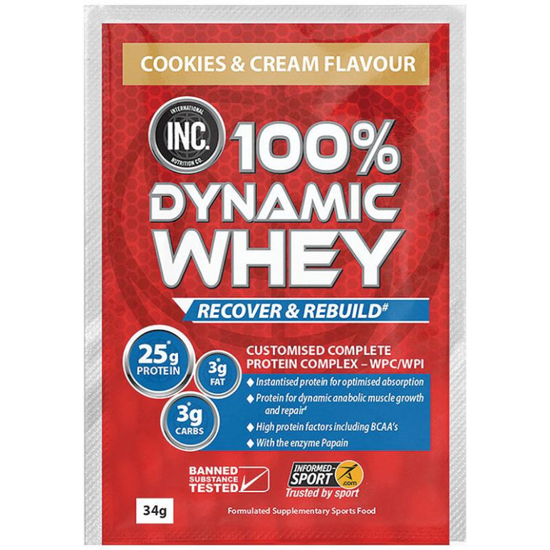 INC 100 Dynamic Whey Cookies & Cream 36g Single Serve Sachet front image on Livehealthy HK imported from Australia