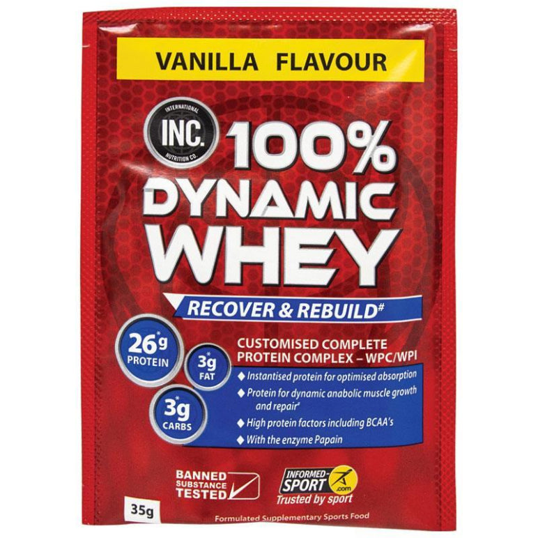 INC 100% Dynamic Whey Vanilla 35g Single Serve Sachet front image on Livehealthy HK imported from Australia