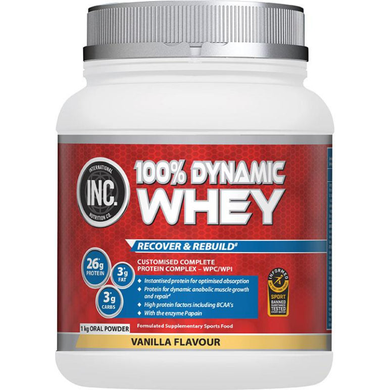 INC 100 Dynamic Whey Vanilla Flavour 1kg front image on Livehealthy HK imported from Australia