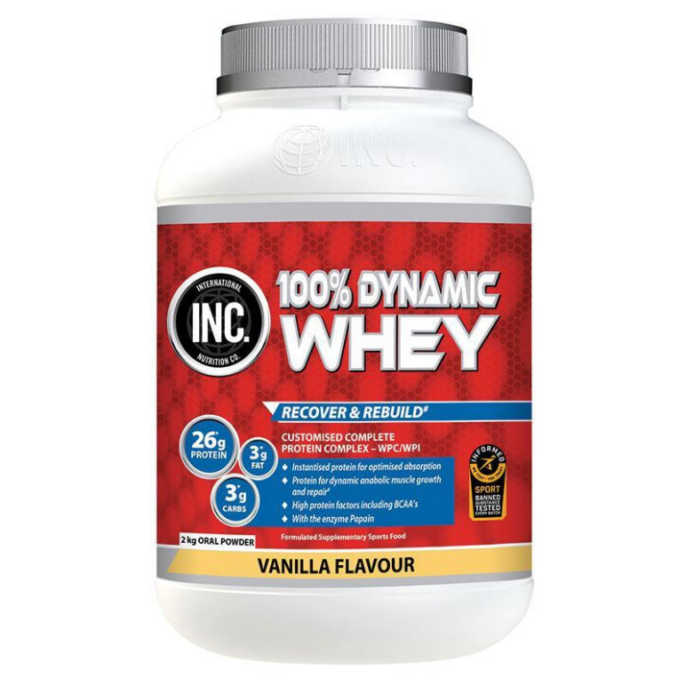 INC 100 Dynamic Whey Vanilla Flavour 2kg front image on Livehealthy HK imported from Australia