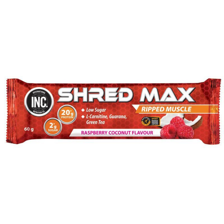 INC Shred Max Protein Bar Raspberry Coconut 60g front image on Livehealthy HK imported from Australia