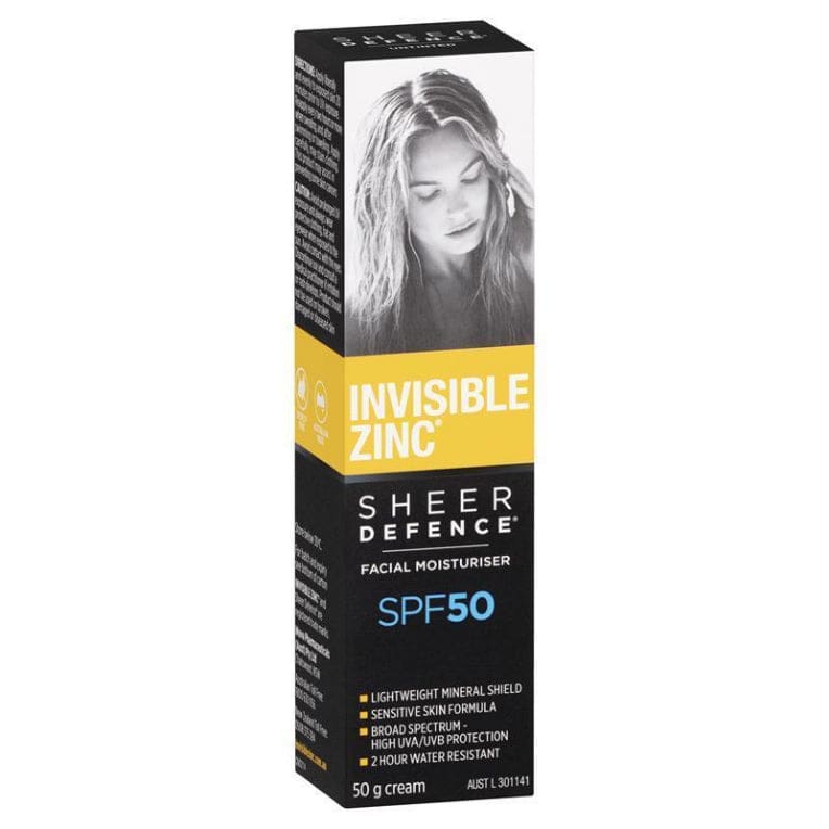 Invisible Zinc SPF 50+ Sheer Defence Facial Moisturiser 50g front image on Livehealthy HK imported from Australia