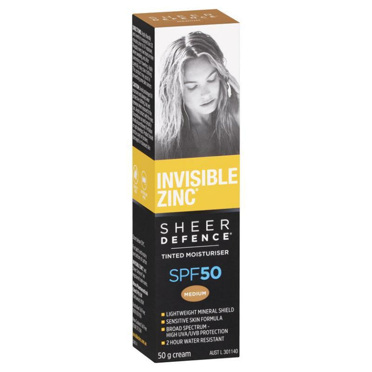 Invisible Zinc SPF 50+ Sheer Defence Tinted Moisturiser Medium 50g front image on Livehealthy HK imported from Australia