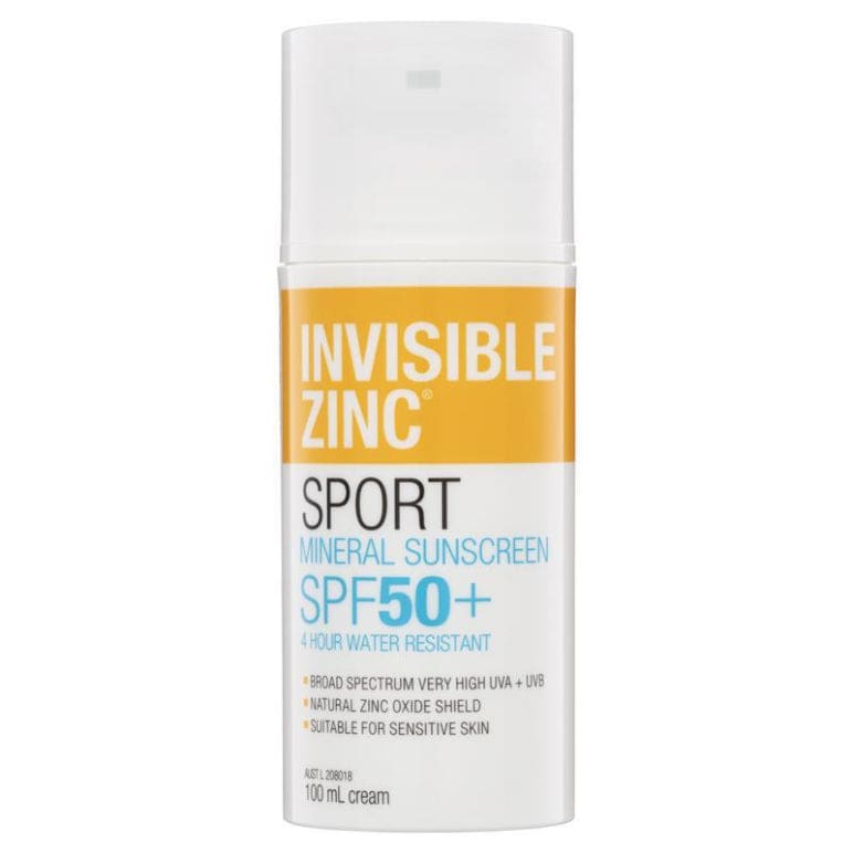 Invisible Zinc SPF 50+ Sport Mineral Sunscreen 4 Hour Water Resistant 100ml front image on Livehealthy HK imported from Australia