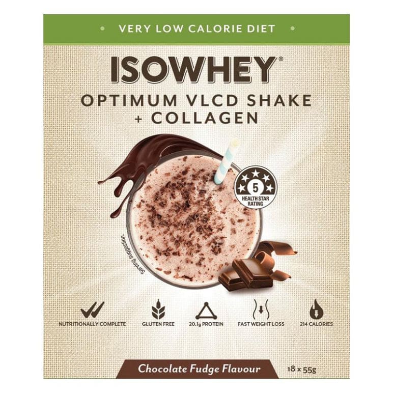 IsoWhey Optimum VLCD Shake + Collagen Chocolate Fudge 18 x 55g front image on Livehealthy HK imported from Australia