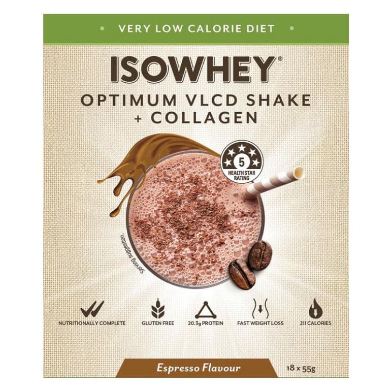 IsoWhey Optimum VLCD Shake + Collagen Espresso 18 x 55g front image on Livehealthy HK imported from Australia