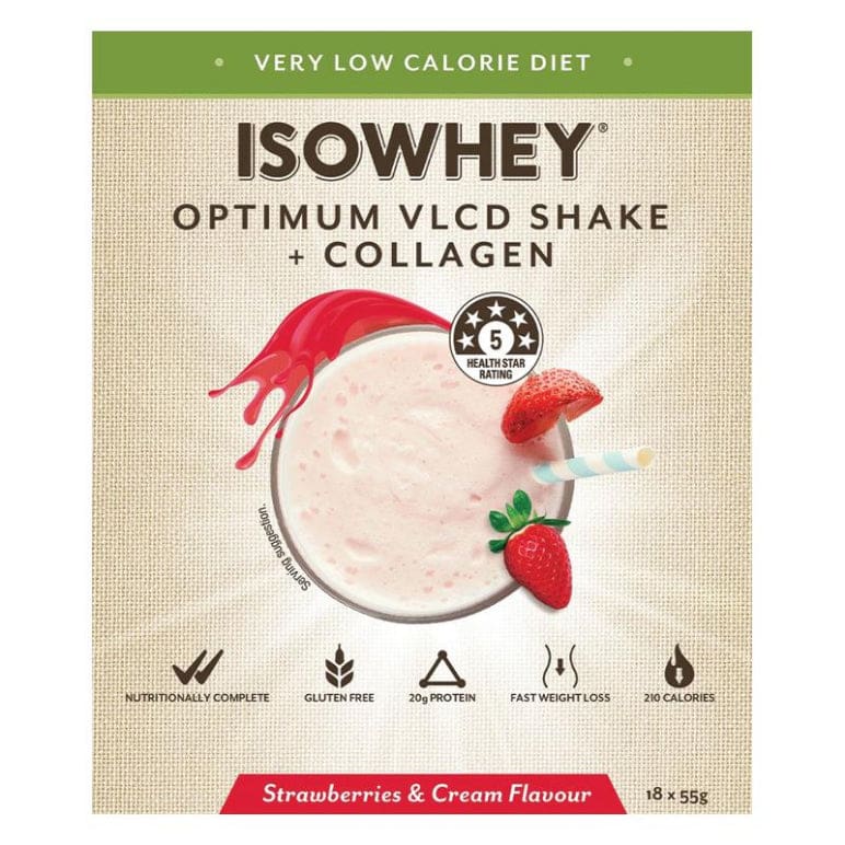 IsoWhey Optimum VLCD Shake + Collagen Strawberries & Cream 18 x 55g front image on Livehealthy HK imported from Australia