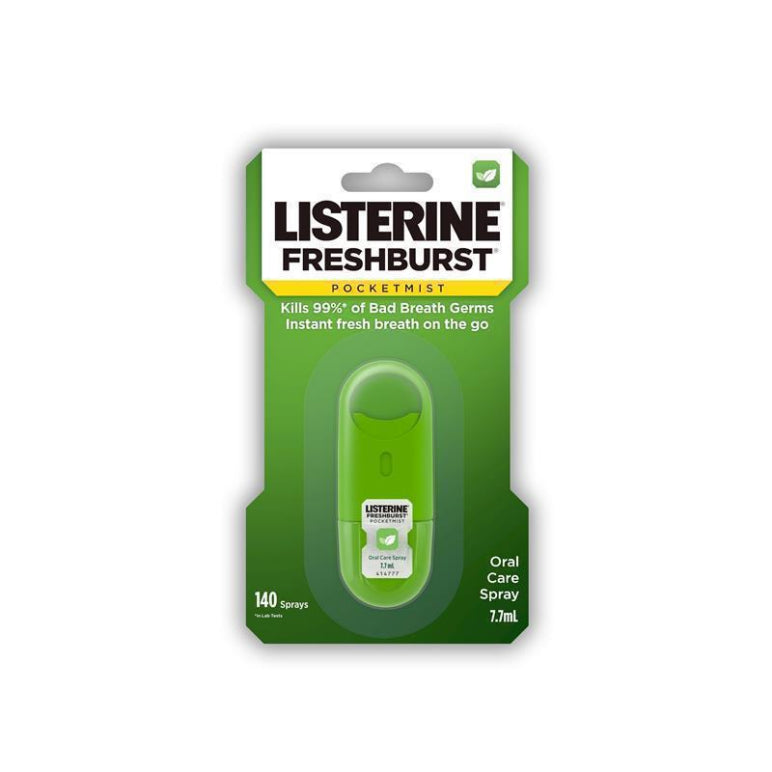 Listerine Pocketmist Oral Care Spray Freshburst 7.7mL front image on Livehealthy HK imported from Australia