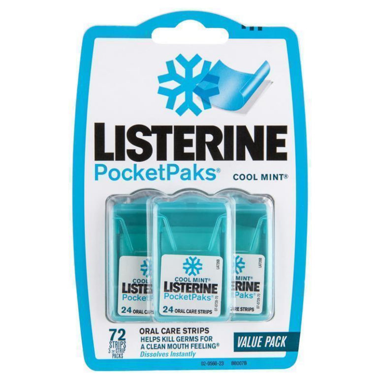 Listerine Pocketpaks Oral Care Strips Cool Mint Value Pack 72 front image on Livehealthy HK imported from Australia