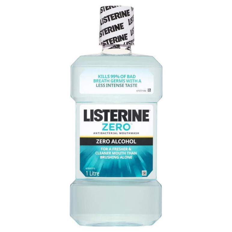 Listerine Zero Alcohol Antibacterial Mouthwash Less Intense Taste 1L front image on Livehealthy HK imported from Australia
