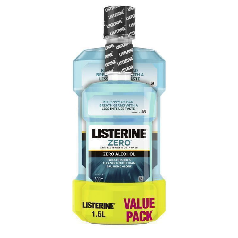 Listerine Zero Alcohol Antibacterial Mouthwash Less Intense Taste Value Pack 1.5L front image on Livehealthy HK imported from Australia