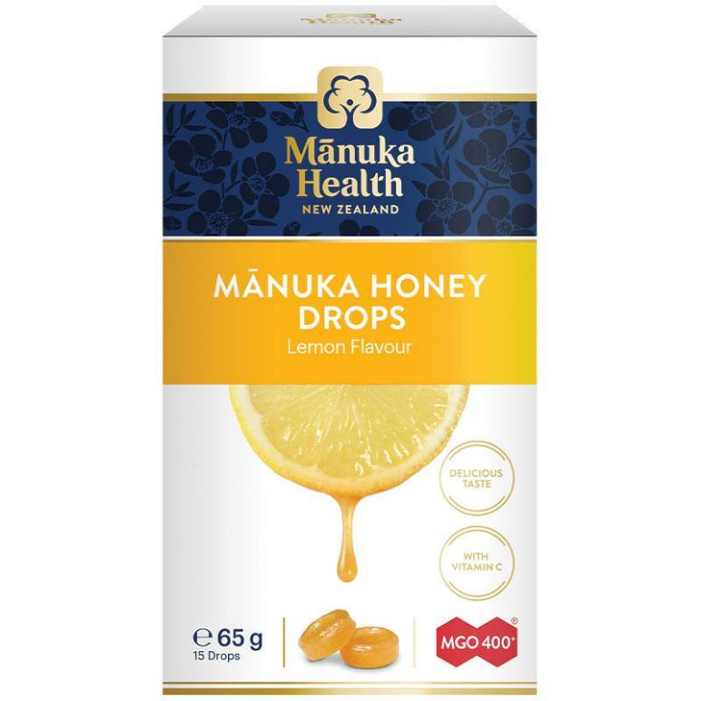 Manuka Health Manuka Honey Drops Lemon 15 Pack 65g front image on Livehealthy HK imported from Australia