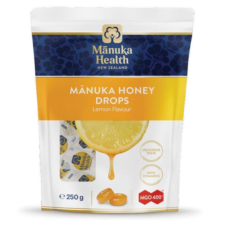 Manuka Health Manuka Honey Drops Lemon Pouch 55 Lozenges 250g front image on Livehealthy HK imported from Australia